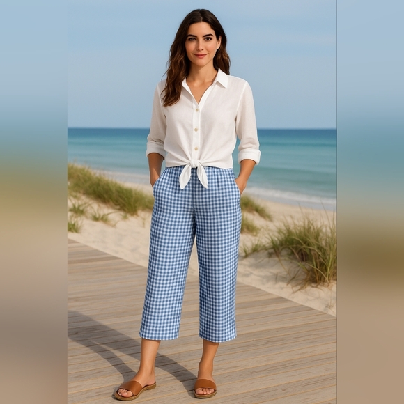 NWT Joie Blue Gingham Wide Leg Pants Size XL - Picture 1 of 7